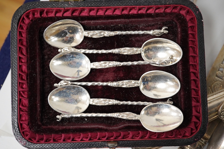 A matched pair of Victorian silver fish servers, London, 1847 and London, 1860 and a quantity of assorted mainly 19th century silver flatware, weighable silver 19.4oz. Condition - poor to fair to good